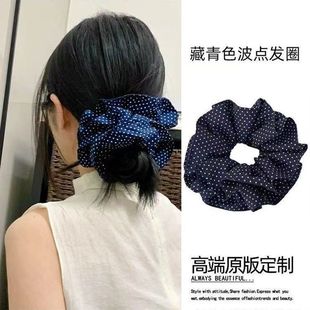 少女学院风藏蓝色发圈藏青色大肠显白韩国复古藏青色双层波点发圈
