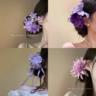 紫色韵味玫瑰花朵发夹子女2025新款 氛围感头花发卡仿真花拍照发饰