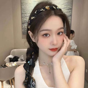 ins风复古链条发箍女缎面发卡发带夏天丝带飘带绑发一体系发编发