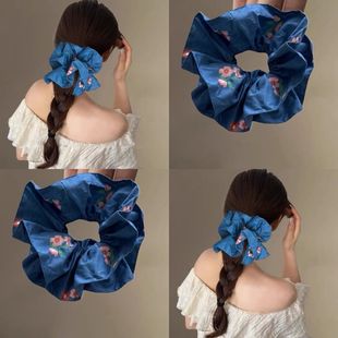 新款 韩系深蓝色花朵双层大肠发圈丸子头发方巾慵懒马尾头绳发绳女