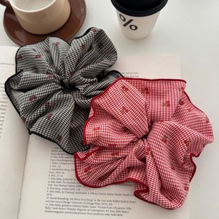 韩系高颜值ins新款 高级红色樱桃格子蝴蝶结头绳大肠发圈发饰 时尚
