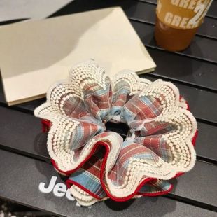 复古韩系蕾丝双层大肠红格设计头绳甜美丸子发绳头发学院少女头饰