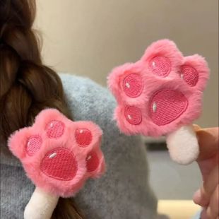 卡通甜美毛绒卡通可爱爪爪冰棍发夹粉色猫爪发夹少女刘海侧边夹女