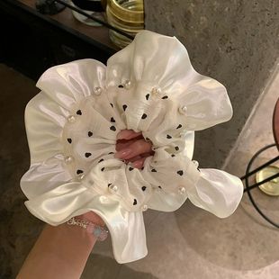 法式 缎面波点珍珠裙摆大肠发圈女高级感扎头发绳高弹力丸子头发饰