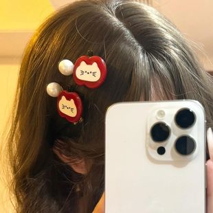 苹果可爱珍珠醋酸发夹甜美ins少女红色刘海侧边夹碎头饰发卡发饰