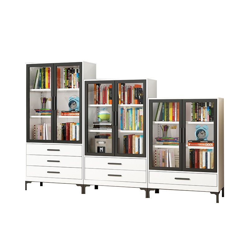 铁艺书柜带玻璃门家用落地儿童置物柜客厅钢制小书架防尘抽屉矮柜