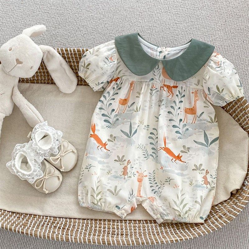 婴儿连体衣薄款撞色碎花哈衣女宝宝分体套装爬服婴幼儿0-1岁夏装