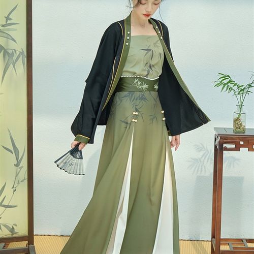 亦有竹【今夜白】秋冬提花丝质珍珠拼边黑色飞机袖改良印花裥裙