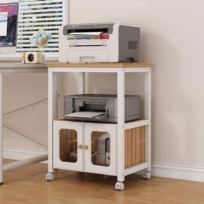 移动打印机置物架落地办公室桌边多层收纳架复印机放置柜双层带轮
