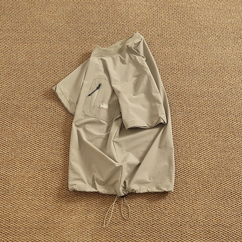 高街潮款机能口袋圆领t恤男士夏季新款下摆抽绳情侣套头衫半袖Tee