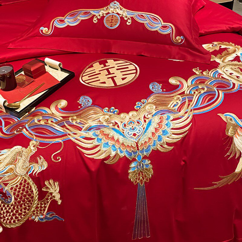 高档婚庆龙凤刺绣长绒棉四件套大红新婚纯棉被套全棉结婚陪嫁床品