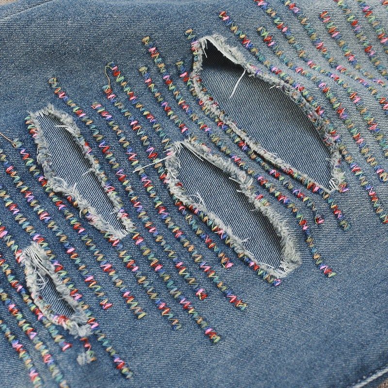 潮流破洞过膝六分裤女宽松大码五分裤彩线刺绣洋气薄牛仔阔腿中裤