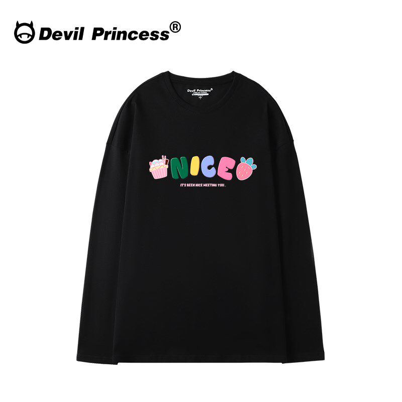 黑色长袖t恤女小个子宽松韩版秋冬减龄甜妹风正肩半袖女