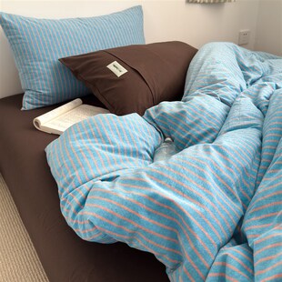 博主风格简约咖啡条纹混纺水洗纯棉床四件套床床单被套学生三件套