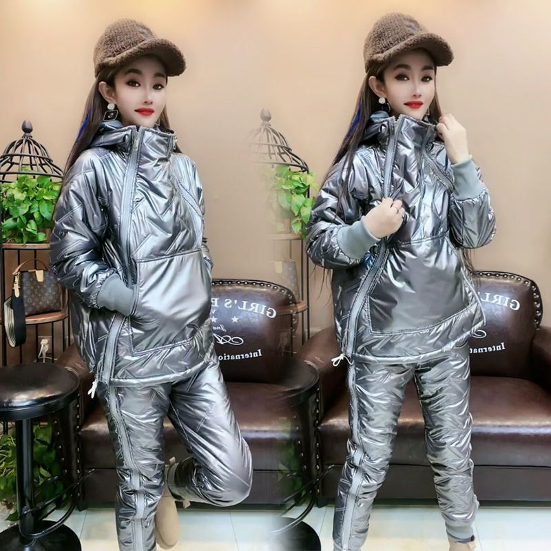 冬季2024新款棉衣棉裤套装女时尚大码洋气加厚韩版棉服亮面两件套