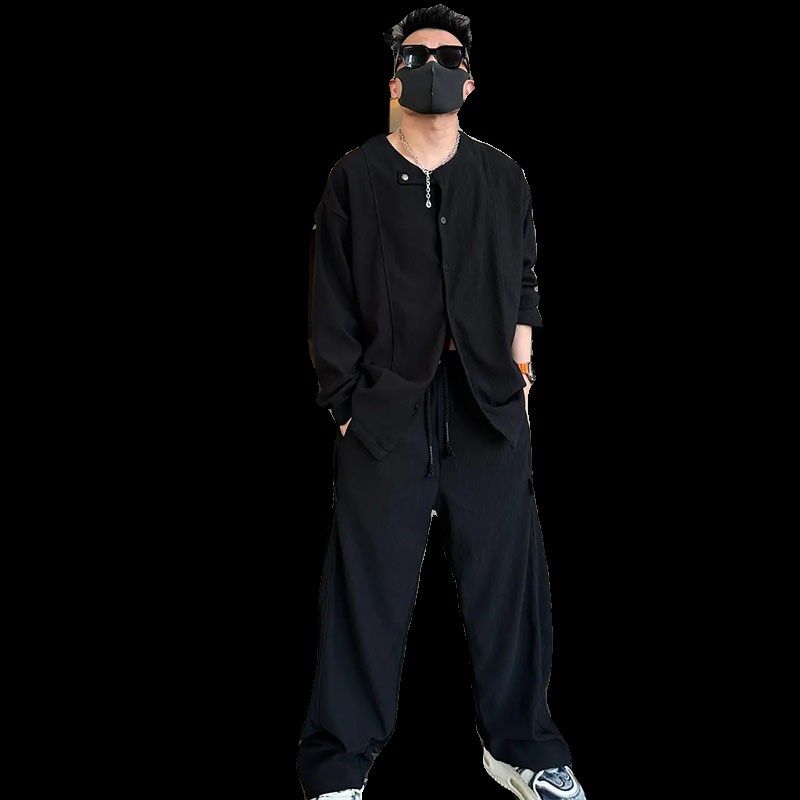 素搭男款夏季新款两件套纯色简约中式国风休闲宽松长袖时尚套装男