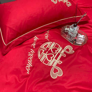 纯棉婚庆四件组h床上用品大红色新婚全棉床单被套结婚陪嫁喜被床