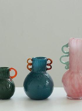 北欧风双耳磁粉手工双色花纹大肚餐桌软装（手工手柄会有不对称）