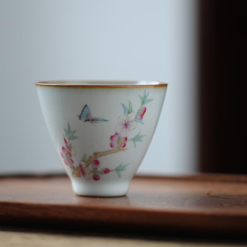 景德镇手工手绘桃花荷花蜻蜓斗笠主人聚香茶杯汝窑开片文艺品茗杯