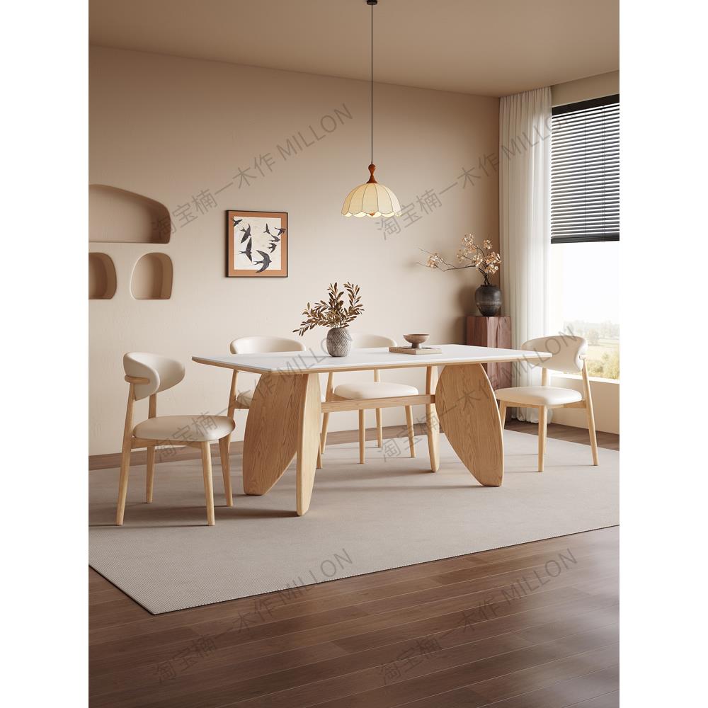 原木奶油风格实木石板餐桌和椅子组合简单的家庭小公寓灰木餐桌长