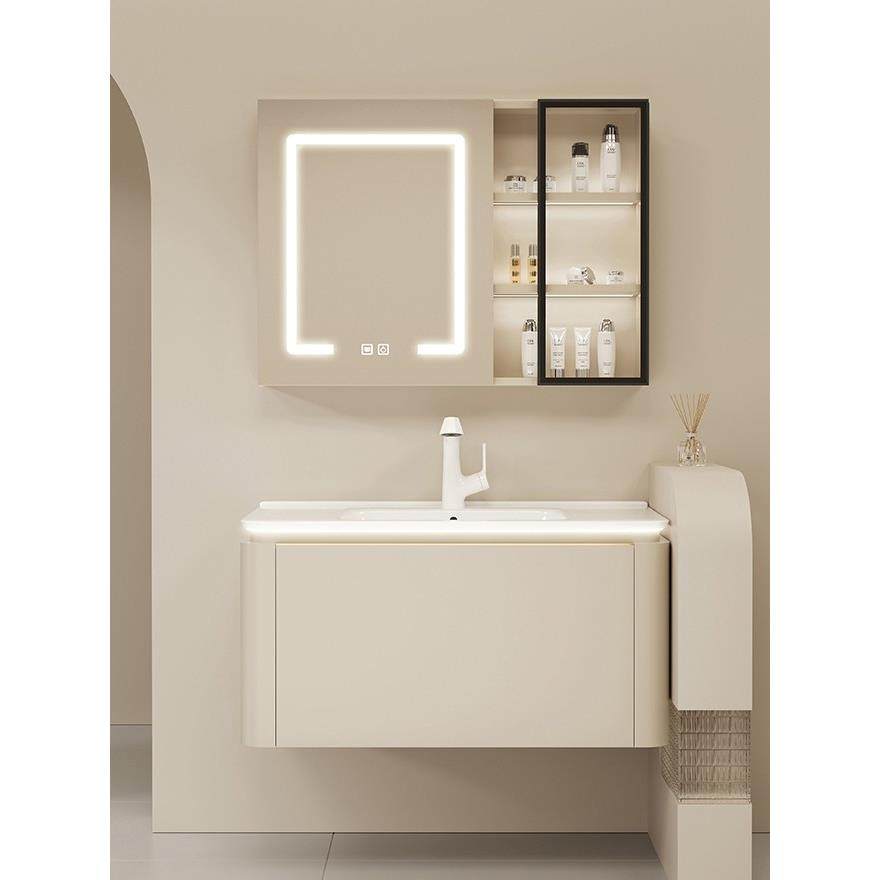 MEIYE奶油灰风实木浴室柜一体陶瓷盆组合 卫生间洗手盆奶油咖色,家装主材,浴室柜组合,淘宝优惠券,粉丝福利购,淘宝优惠卷