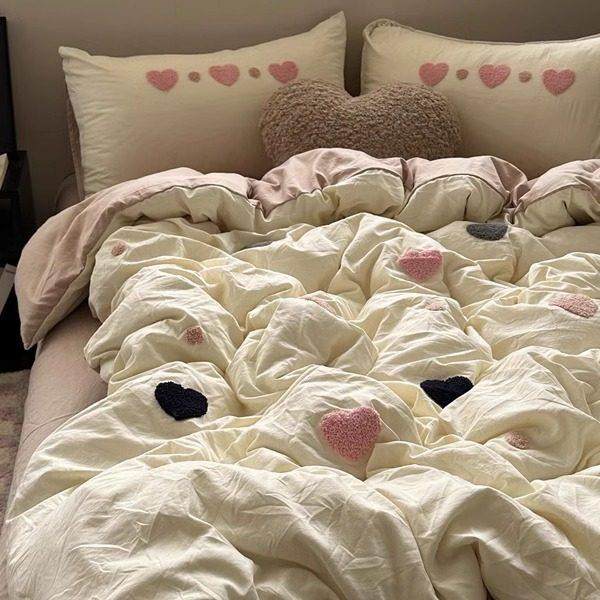 简约ins少女心毛巾绣水洗棉四件套床单纯色被套宿舍三件套床笠,床上用品,床品套件/四件套/多件套,淘宝优惠券,粉丝福利购,淘宝优惠卷