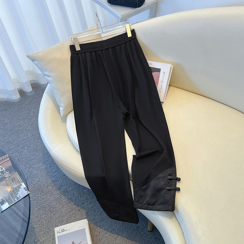 胖mm300斤特大码国风盘扣直筒烟管裤女秋200弹力显瘦休闲九分裤潮