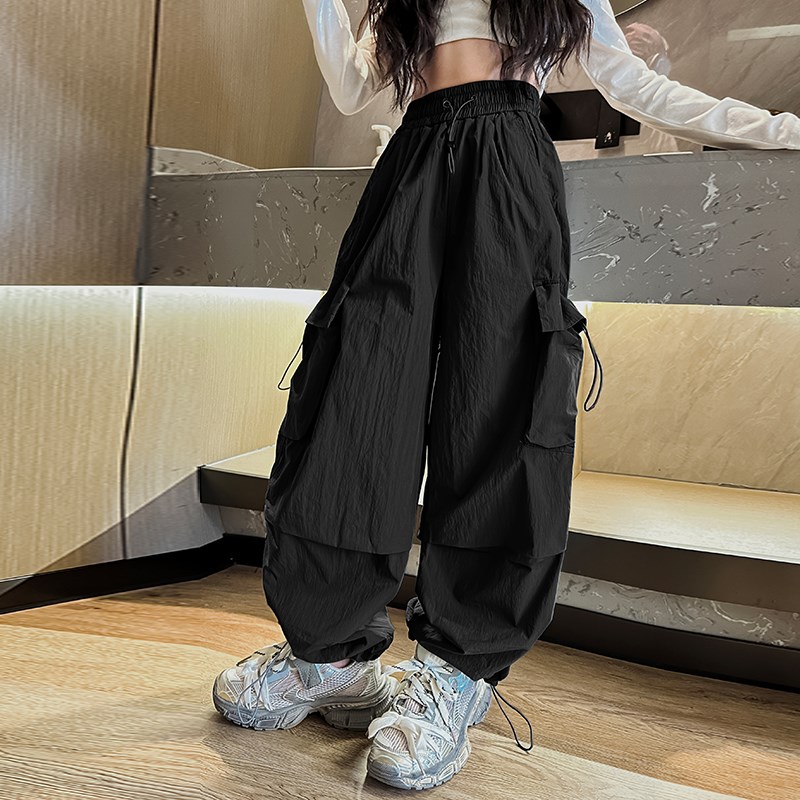 女童时尚潮流裤子2024春季新款街舞裤子大童嘻哈宽松工装阔腿长裤