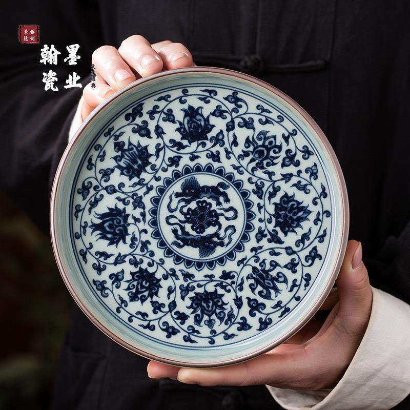 景德镇陶瓷老陶泥元青花缠枝莲壶承单个干泡台复古盖碗托盘茶托