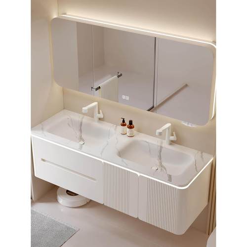 浴室柜岩板热弯一体卫生间无缝陶瓷双盆洗手洗脸柜组合橡木洗漱台