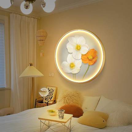 ins治愈系圆形壁画餐厅装饰画高档带LED灯小清新温馨卧室床头挂画