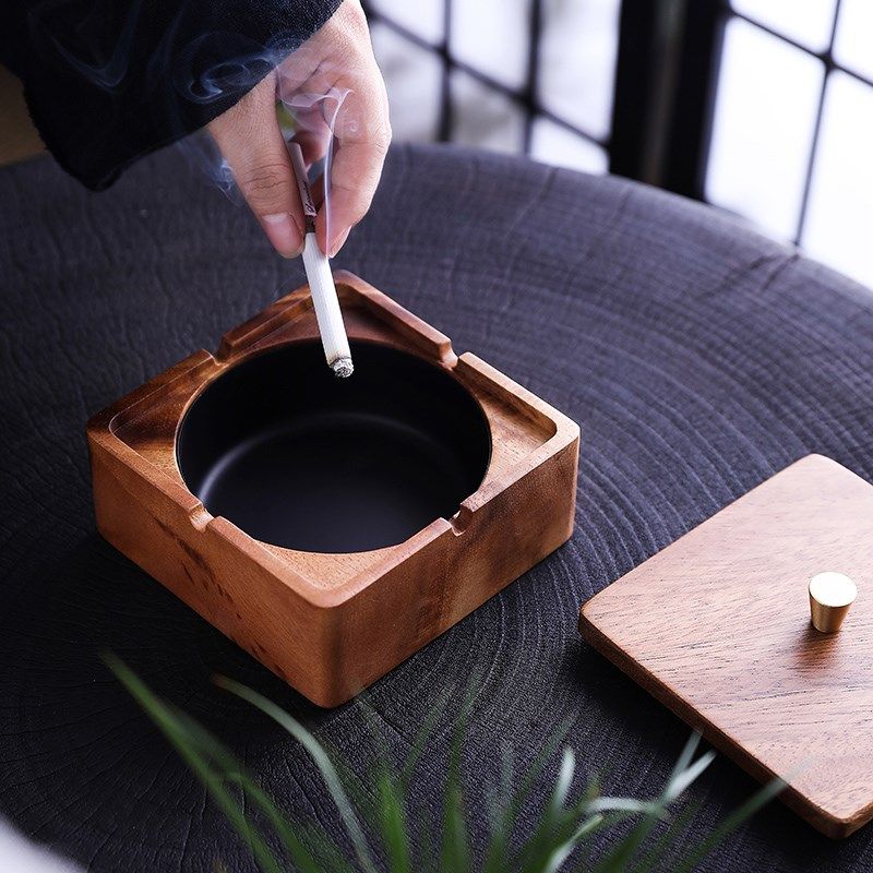 胡桃木烟灰缸中式高级感客厅办公酒店餐厅高端商用烟缸带盖防飞灰