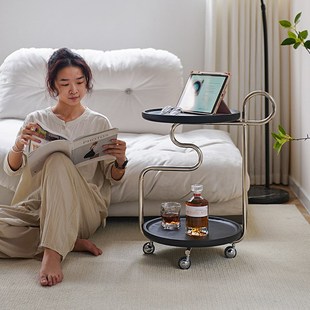 现代简约实木沙发边几客厅可移动带轮小推车茶几不锈钢床头小桌子