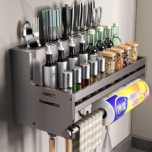 不锈钢厨房置物架免打孔刀架家用调味料罐多功能油盐酱醋收纳壁挂