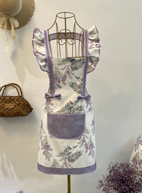 紫色花新款围裙防污女韩版时尚工作厨房日系防水做饭罩衣打扫卫生