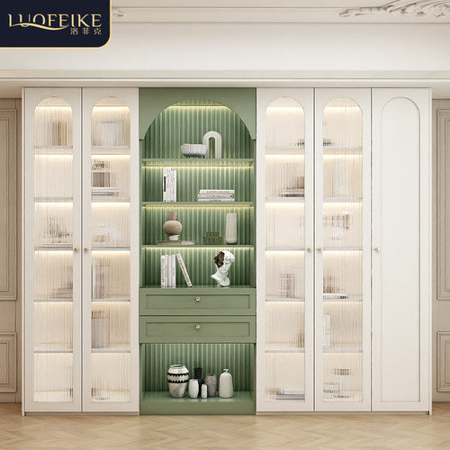 美式实木书柜一体整墙多功能书架家用玻璃门展示柜落地防尘组合柜
