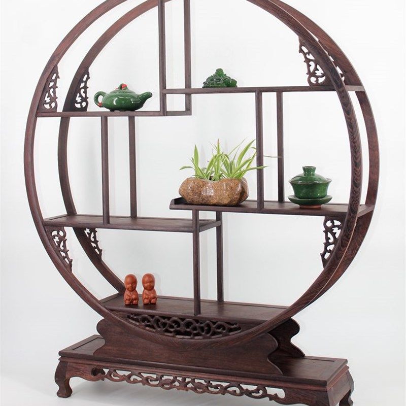 红木雕摆件红木小博古架多宝阁茶壶座鸡翅木架几案红木圆形博古架