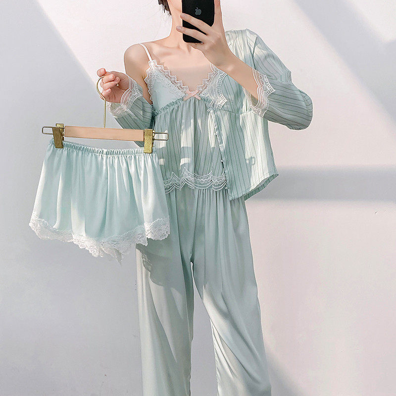 春夏季新款冰丝睡衣女性感吊带短裤四件套带胸垫纯欲风家居服套装