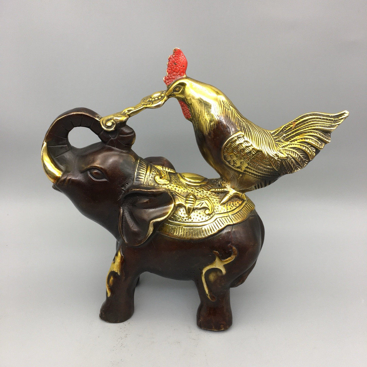高端纯铜鸡象如意摆件大象金鸡摆设铜器工艺品