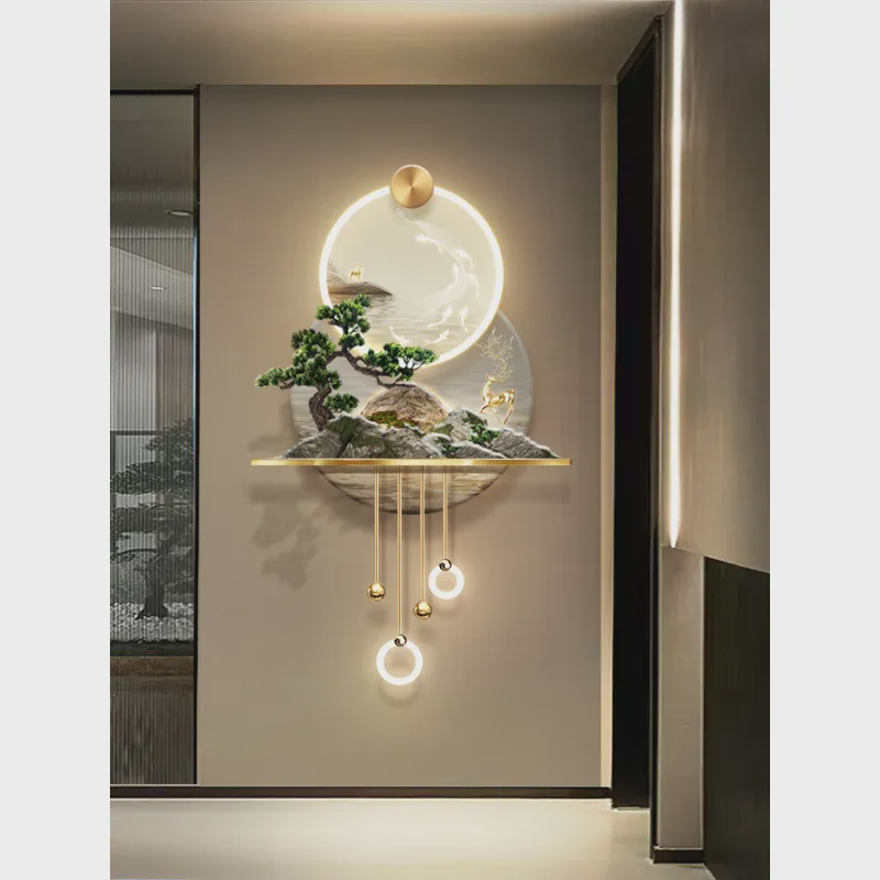 3D立体发财树玄关装饰画轻奢走廊尽头新中式山水画过道九鱼图壁灯图片
