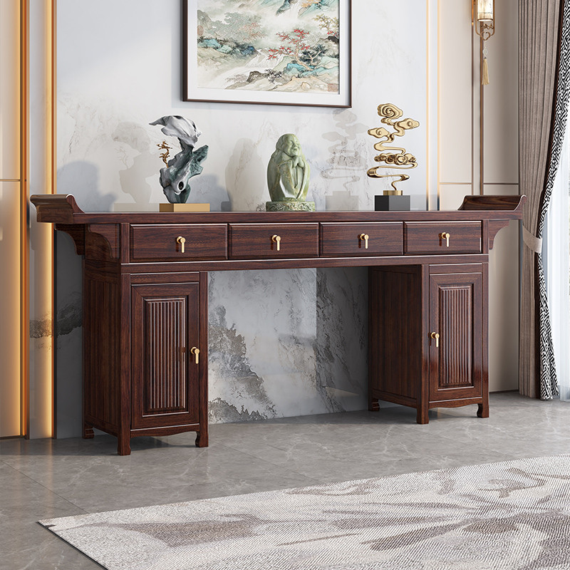 新中式农村中堂六件套实木条案柜客厅乌金木八仙桌神台供桌条几柜