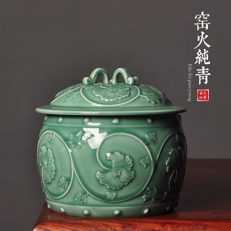 陶瓷中式仿古缠枝牡丹鼓钉盖罐特大号青瓷茶叶罐干果蜜饯梅子罐子