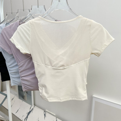 推荐运动T恤女夏季2025新款褶皱收腰修身短款瑜伽上衣速干健身衣