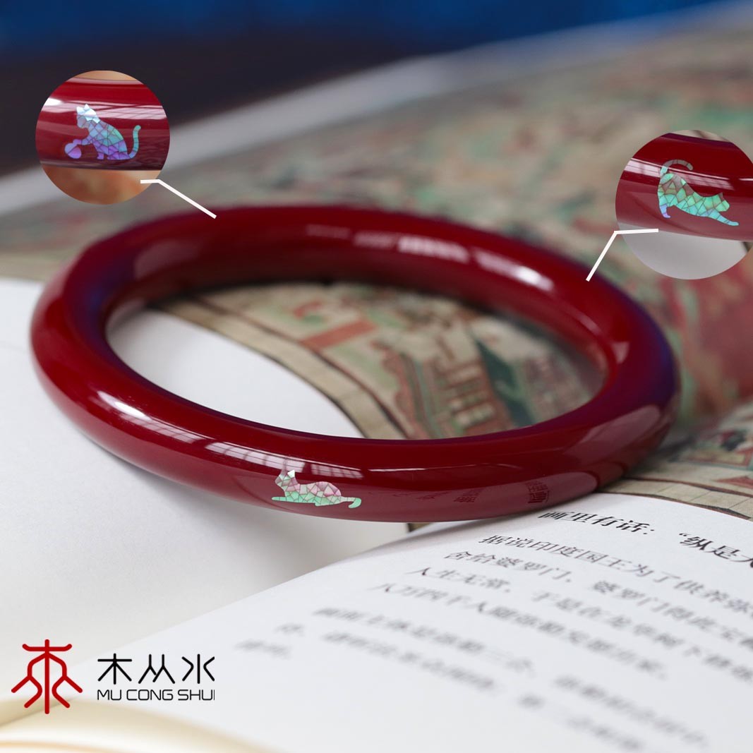 现货59圈口｜好多猫猫啊 木从水原创螺钿猫咪檀木胎非遗手作漆镯