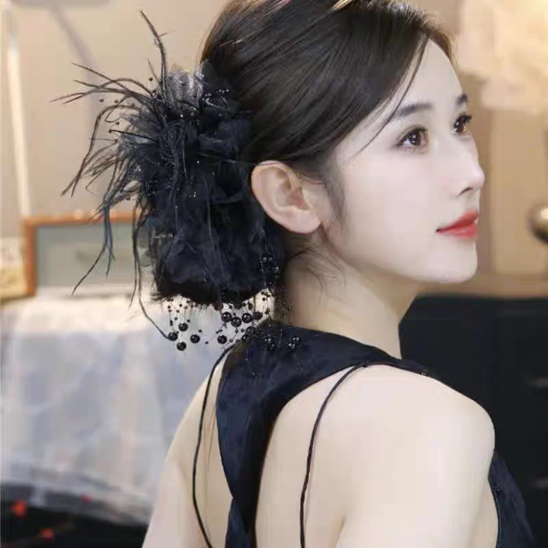 新品满天星花朵羽毛蓬松抓夹显发量头饰后脑勺鲨鱼夹公主头发卡夹