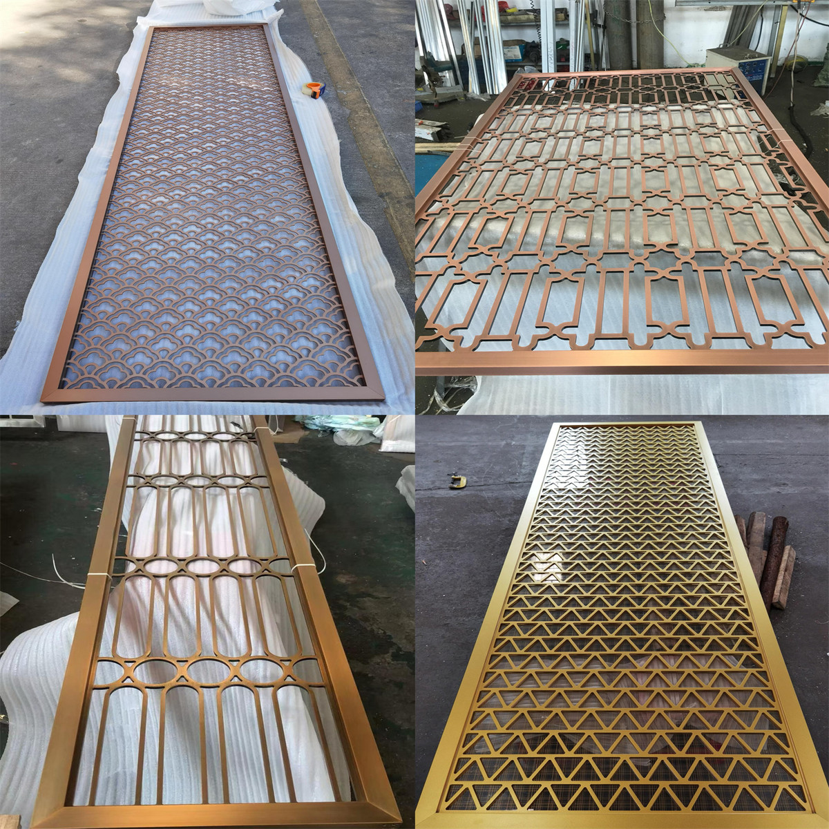 新中式不锈钢屏风隔断金属镂空铝雕花格玄关酒店会所夹丝玻璃屏风