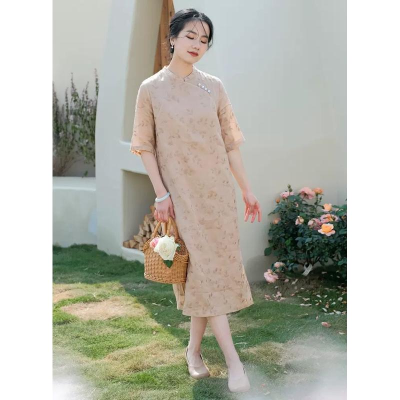 新品复古刺绣苎麻连衣裙女2023夏季新款宽松显瘦立领改良旗袍棉麻