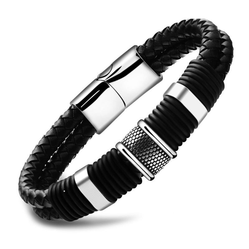Gentleman Leather Titanium Steel Braided Buckle Bracelet Men