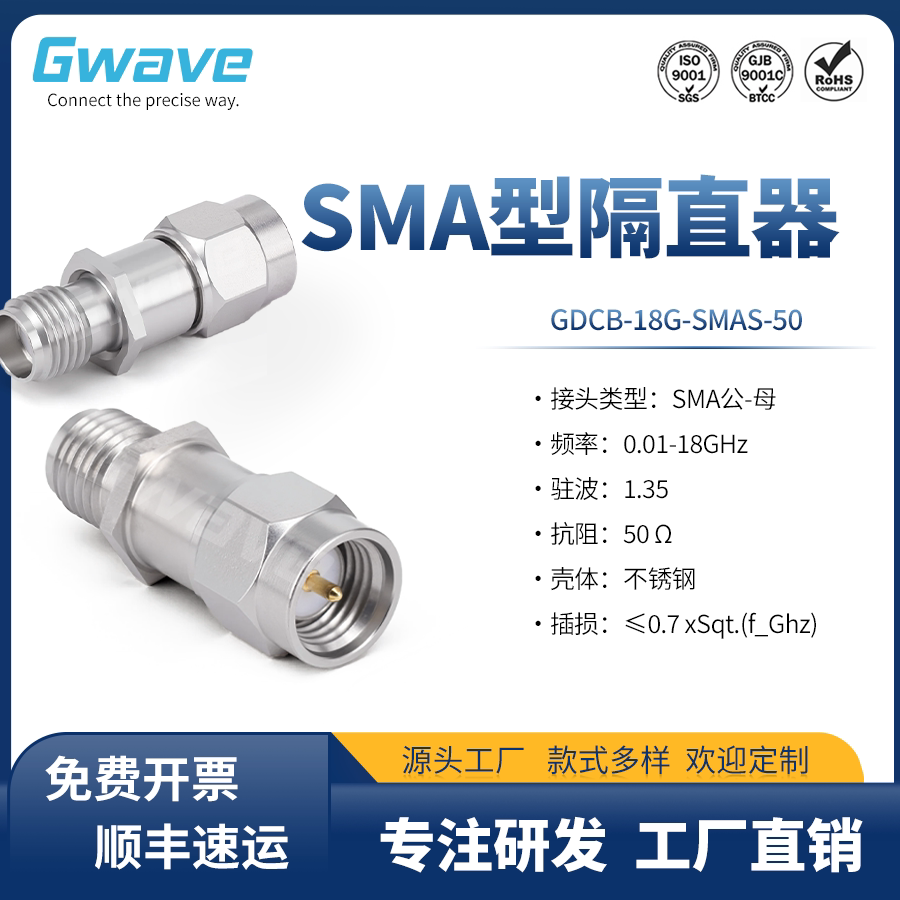 SMA型隔直器，SMA公到母，0.01-18GHz，电压50V GDCB-18G-SMAS-50