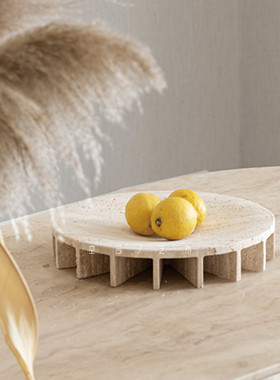 空合新中式洞石果盘样板间售楼处餐桌客厅大理石米色黑色托盘摆件